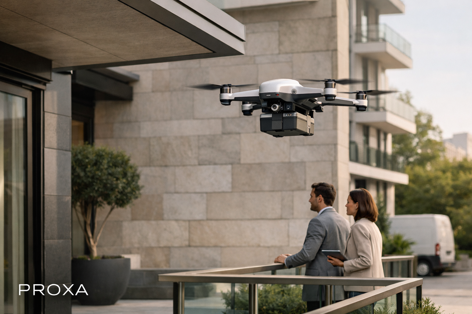 An autonomous drone service in a believable premium physical-world setting