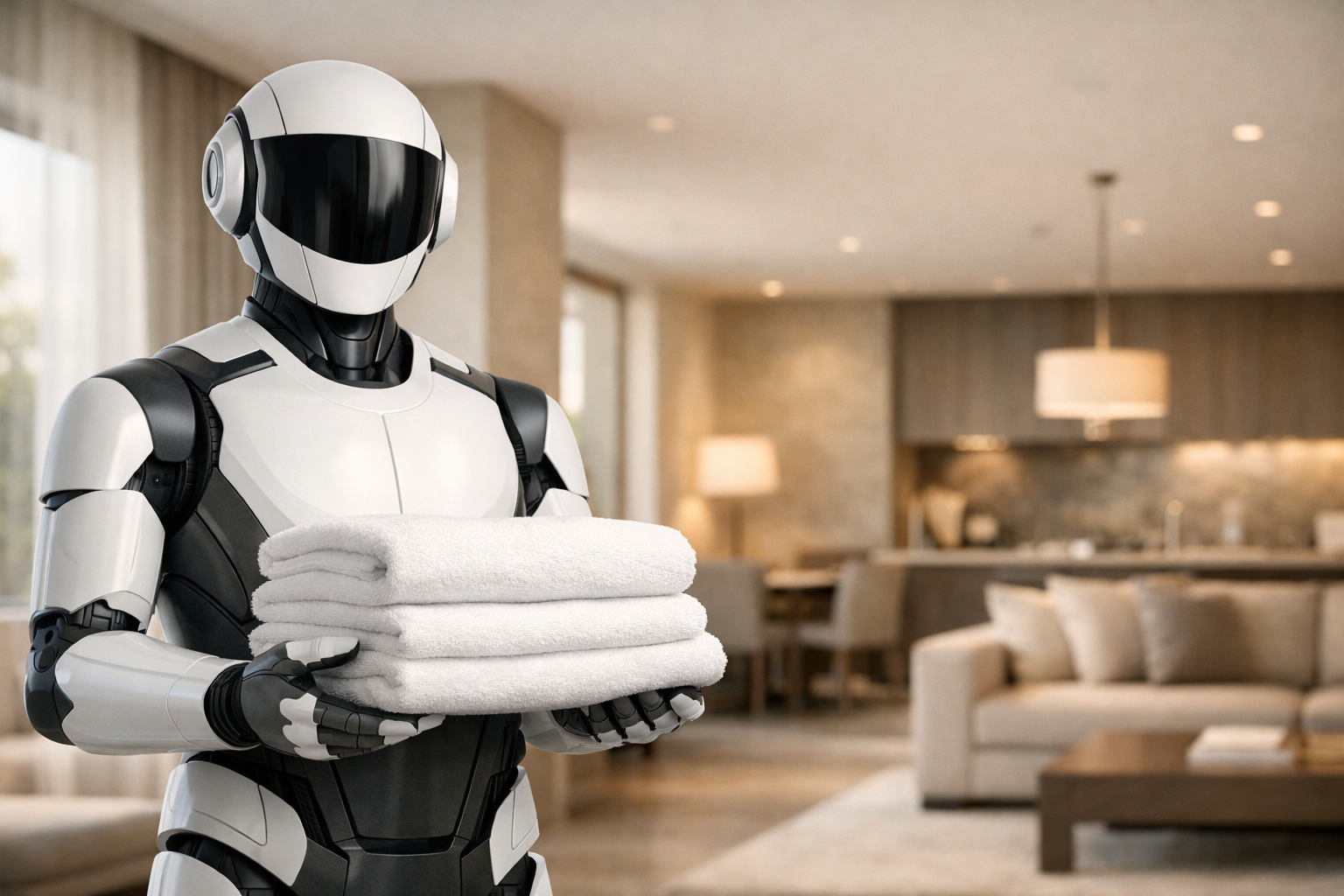 A premium humanoid service robot in a refined real-world environment