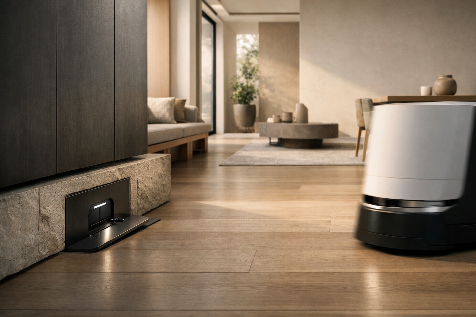 A refined residential interior with subtle autonomous service readiness